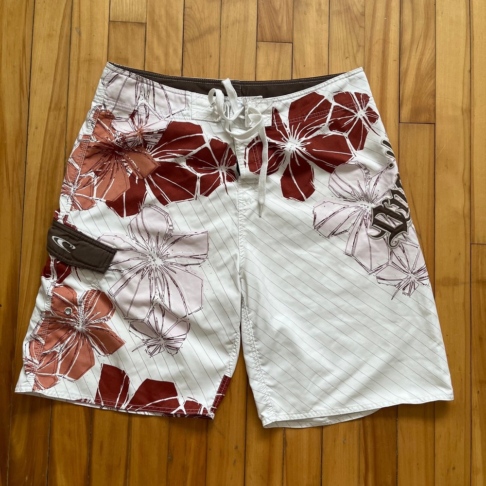 O'Neill Mens Board Shorts White Brown Hibiscus Floral Pinstripe Size 34 Surf